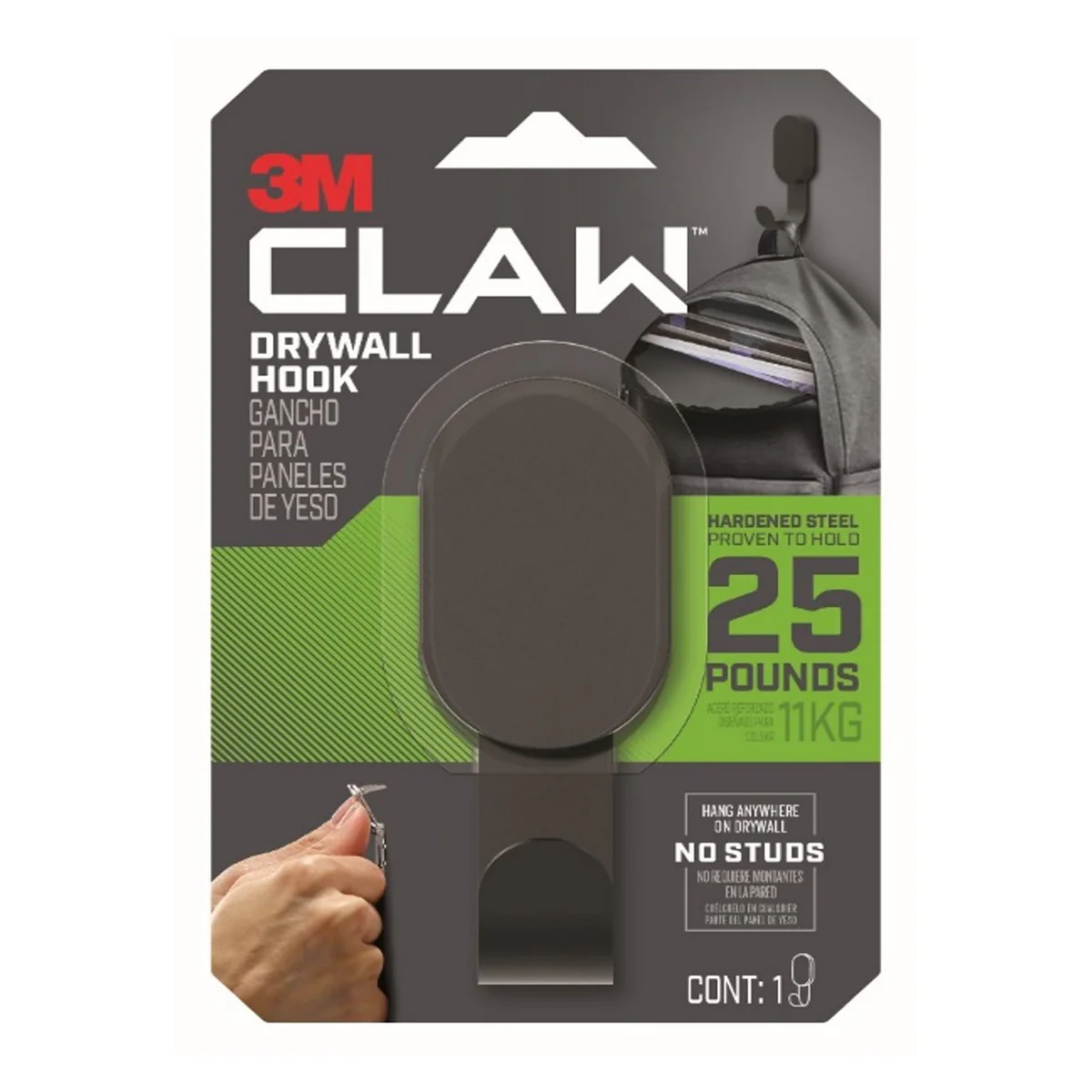 3M Black Claw Plasterboard Wall Hook - 11kg - 3m - Easy Installation - Black