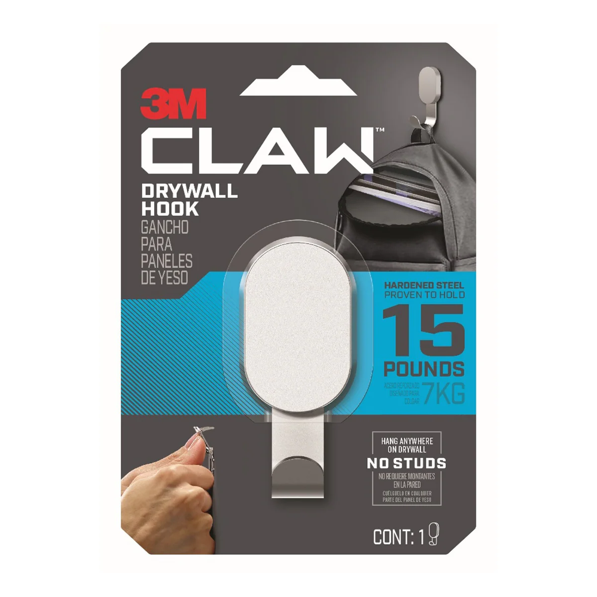 3M Silver Claw Plasterboard Wall Hook - 3m - 7kg - Easy Installation
