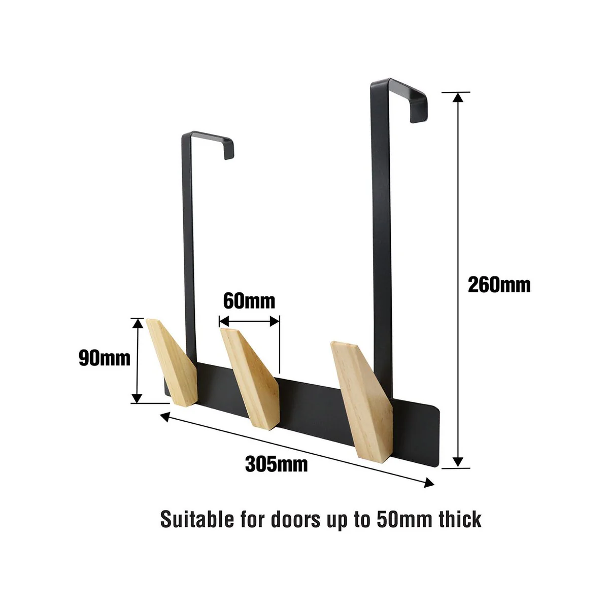 Adoored 3 Timber Hook - Over the Door Deco Hook - 305mm x 260mm - Black - Durable - Image 2