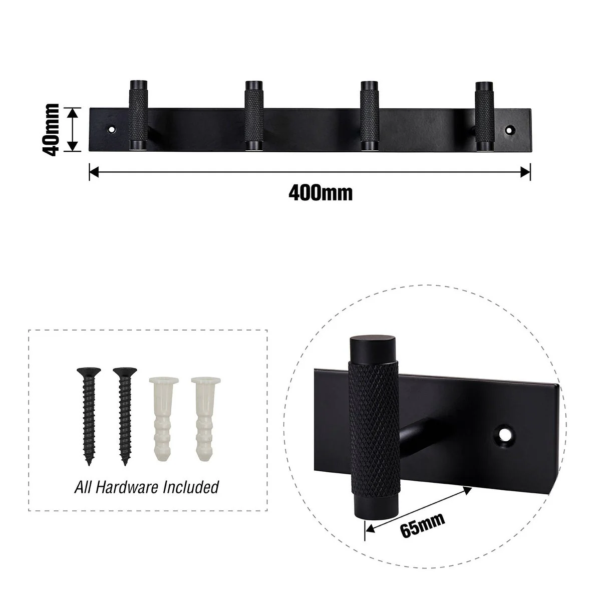 Adoored 4 Hook Rack - Black Knurled - 400mm - Durable Steel - Easy Install - Image 5