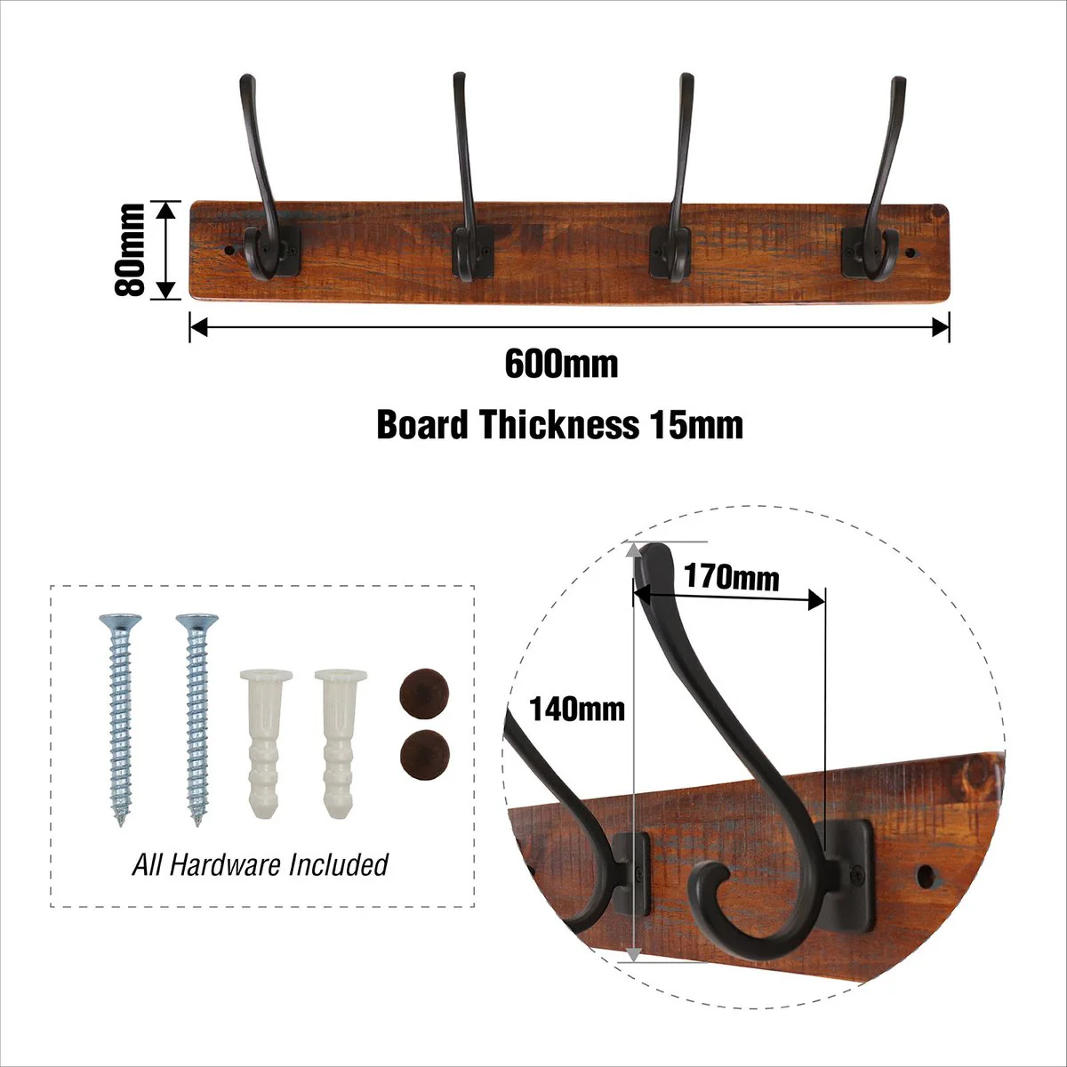 Adoored 4 Hook Rustic Board Deco Hook Rack 600mm - Black - Easy Install - Image 4