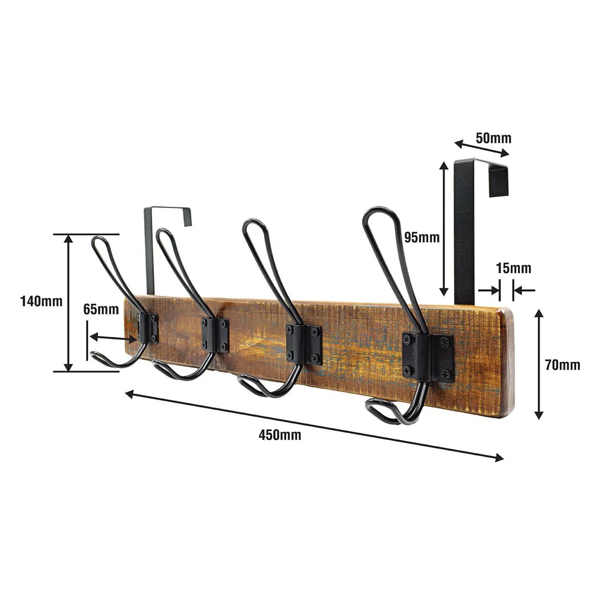 Adoored 4 Hook Rustic Over the Door Rack - 450mm - Black - Easy Installation - Image 3