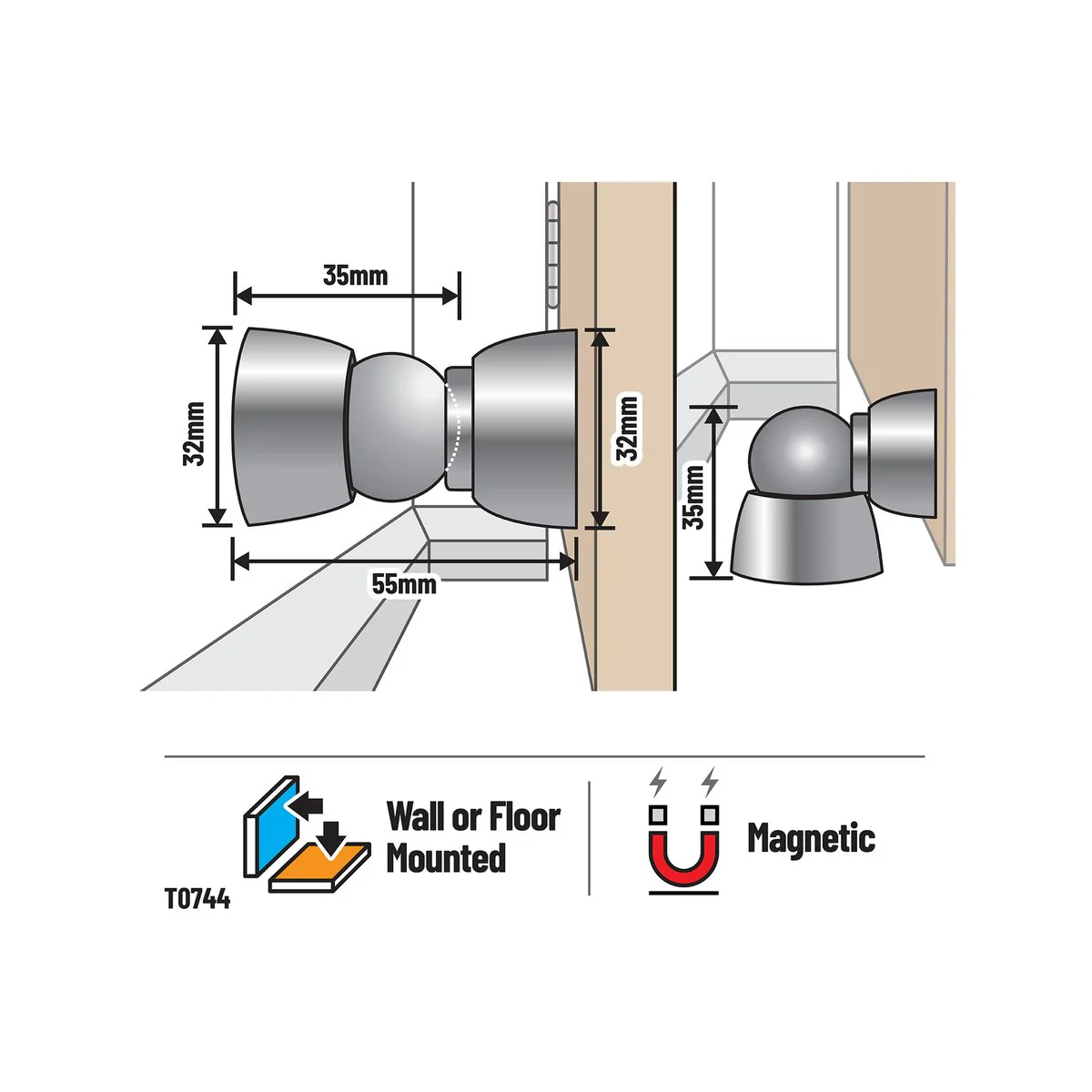 Adoored 55mm Chrome Satin Sphere Door Stop - Easy Install - Shock Absorption - Image 3