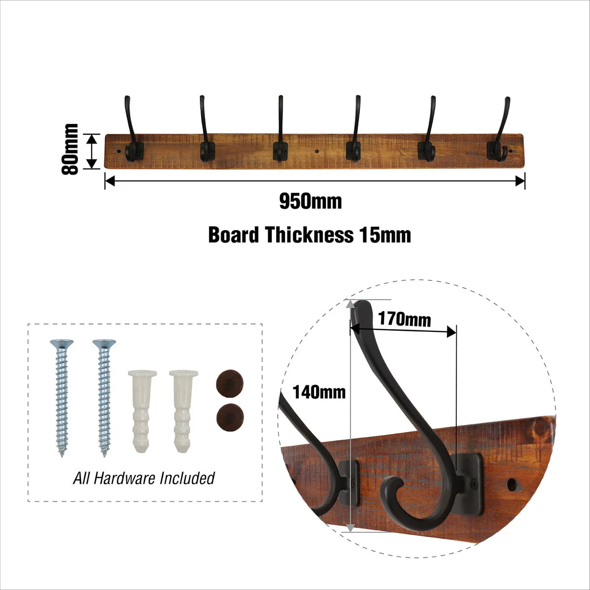 Adoored 6 Hook Rustic Board Deco Hook Rack - 950mm x 80mm x 170mm - Black - Durable Timber Finish - Image 4