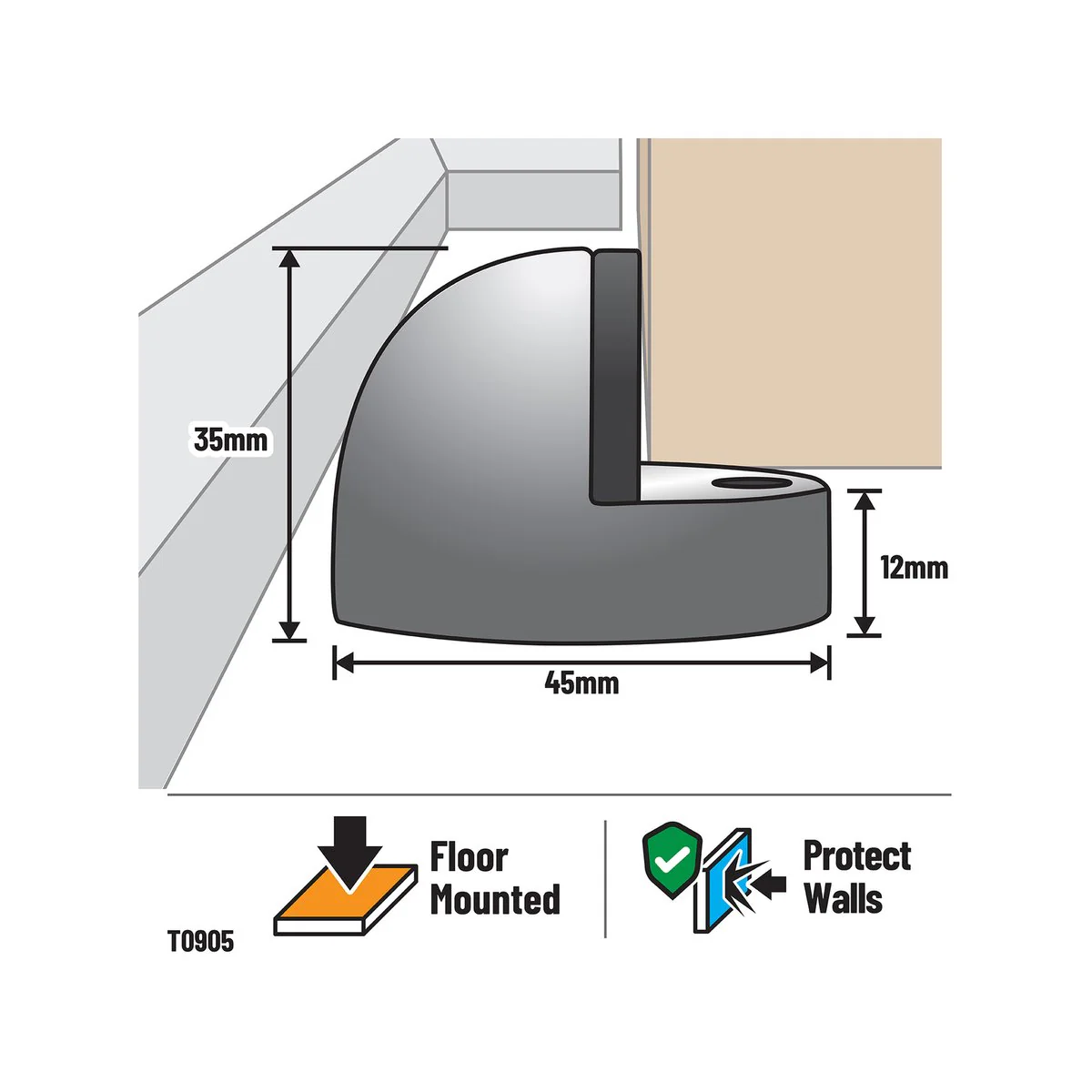Adoored Door Stop - 45mm - Steel & Rubber - Non Marking - Chrome - Image 3