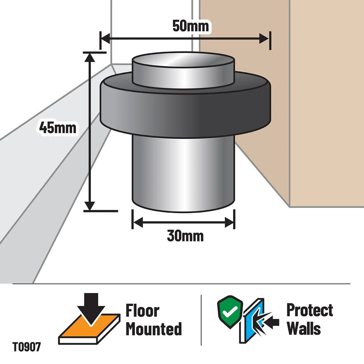 Adoored Door Stop - 50mm - Steel & Rubber - Non Marking - Image 3