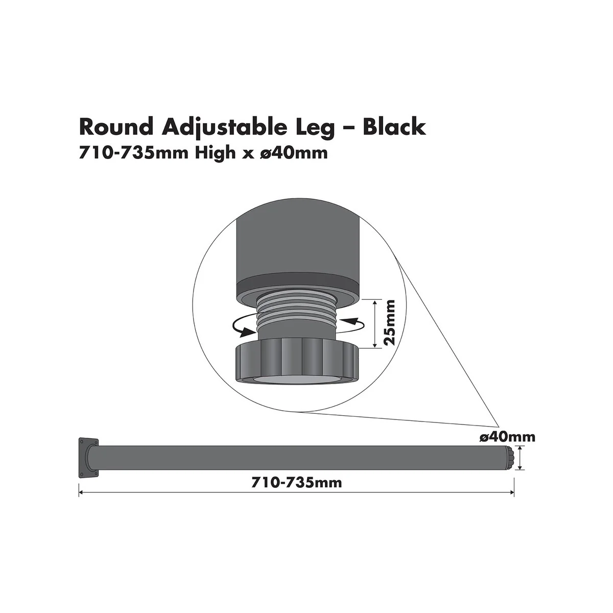Adoored Black Metal Round Furniture Leg 40mm x 710mm - 1 Pack - Image 2