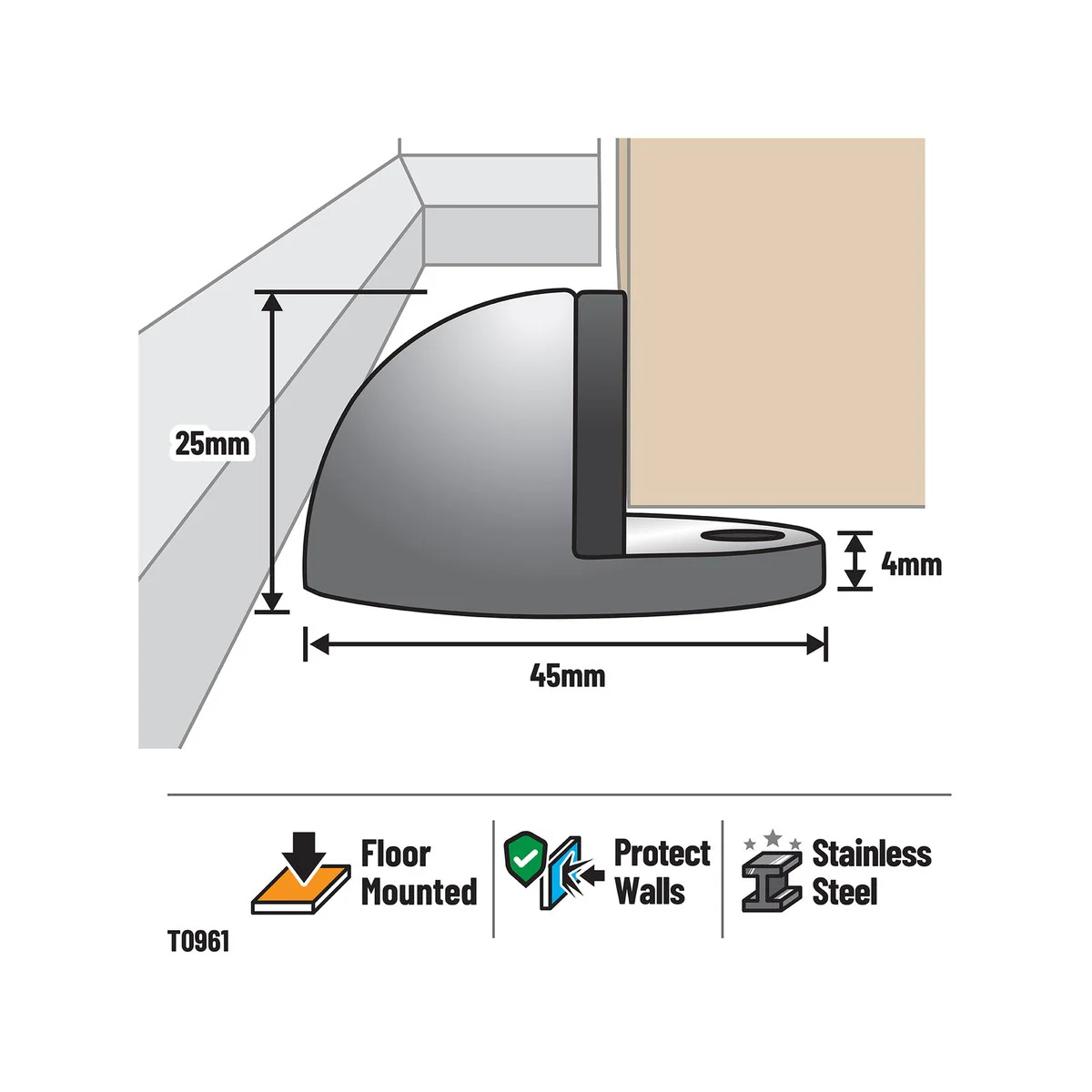 Adoored Half Moon Door Stop - 106mm - Stainless Steel - Wall Protection - Image 2