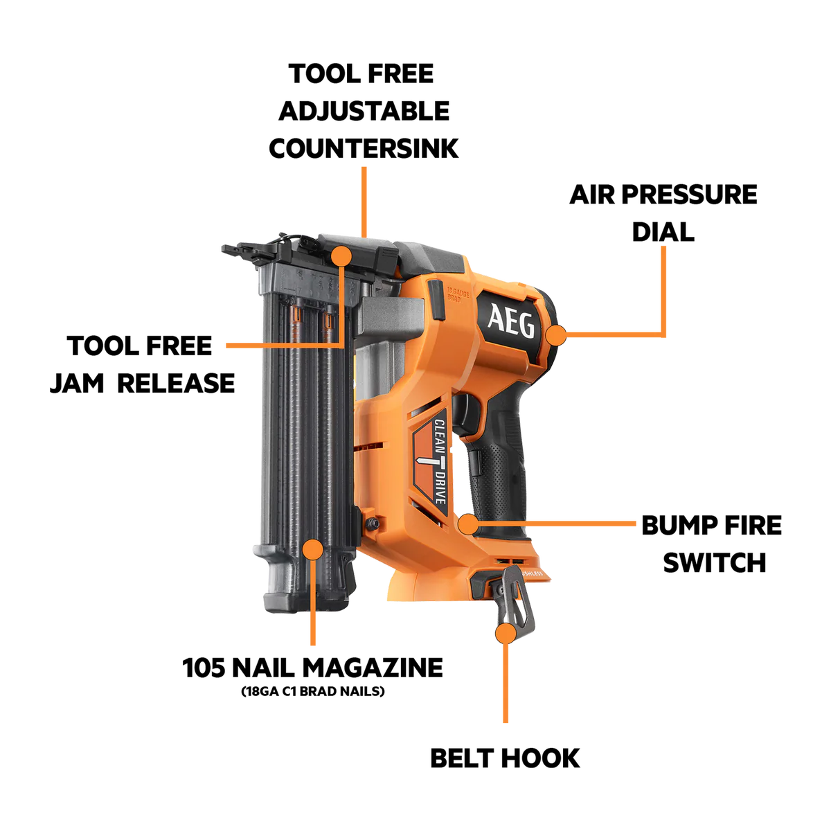 AEG 18V Brushless Brad Nailer - 18ga - Skin Only - Tool-Free Jam Release - Image 2