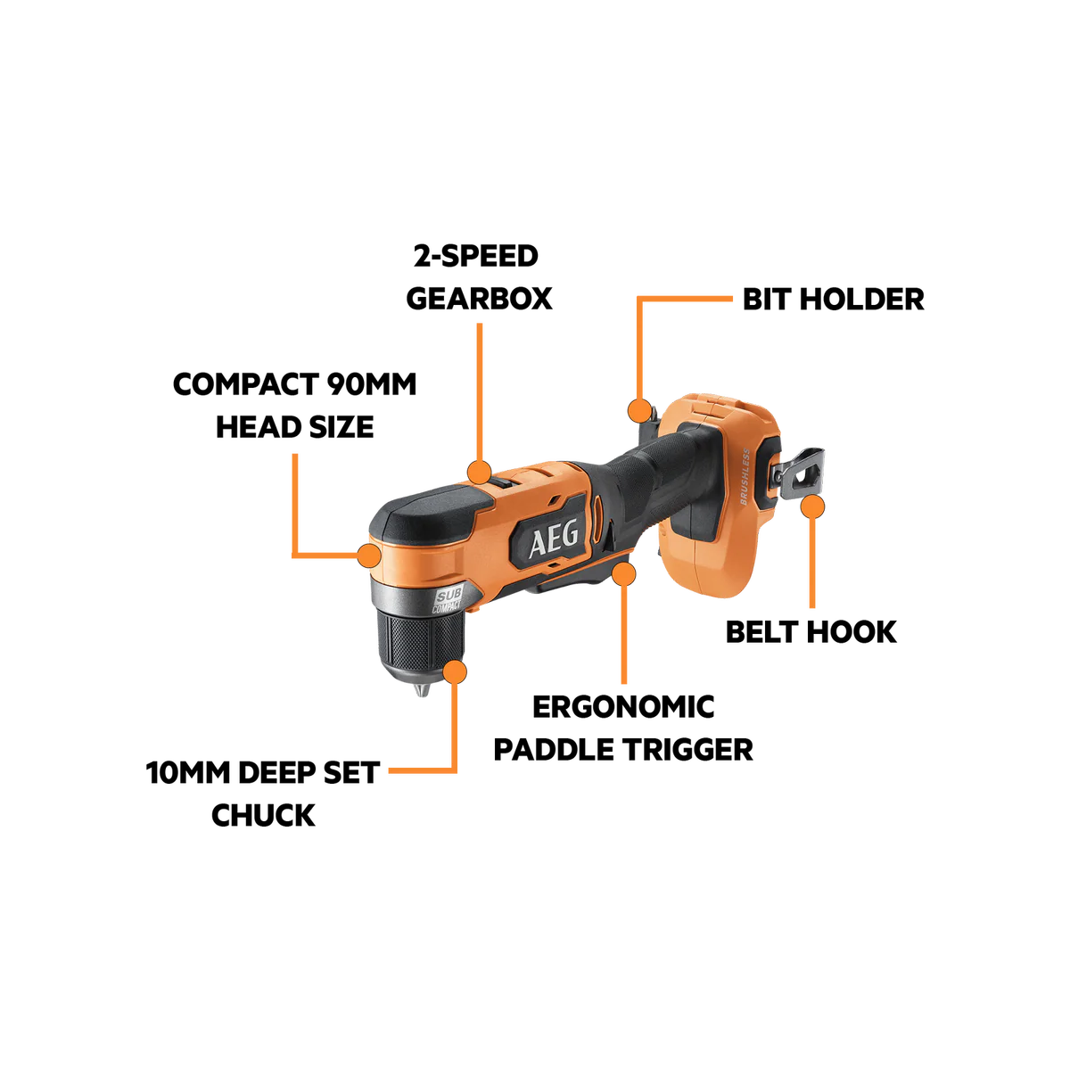 AEG 18V Brushless Right Angle Drill - 90mm - Skin Only - Compact Design - Image 2