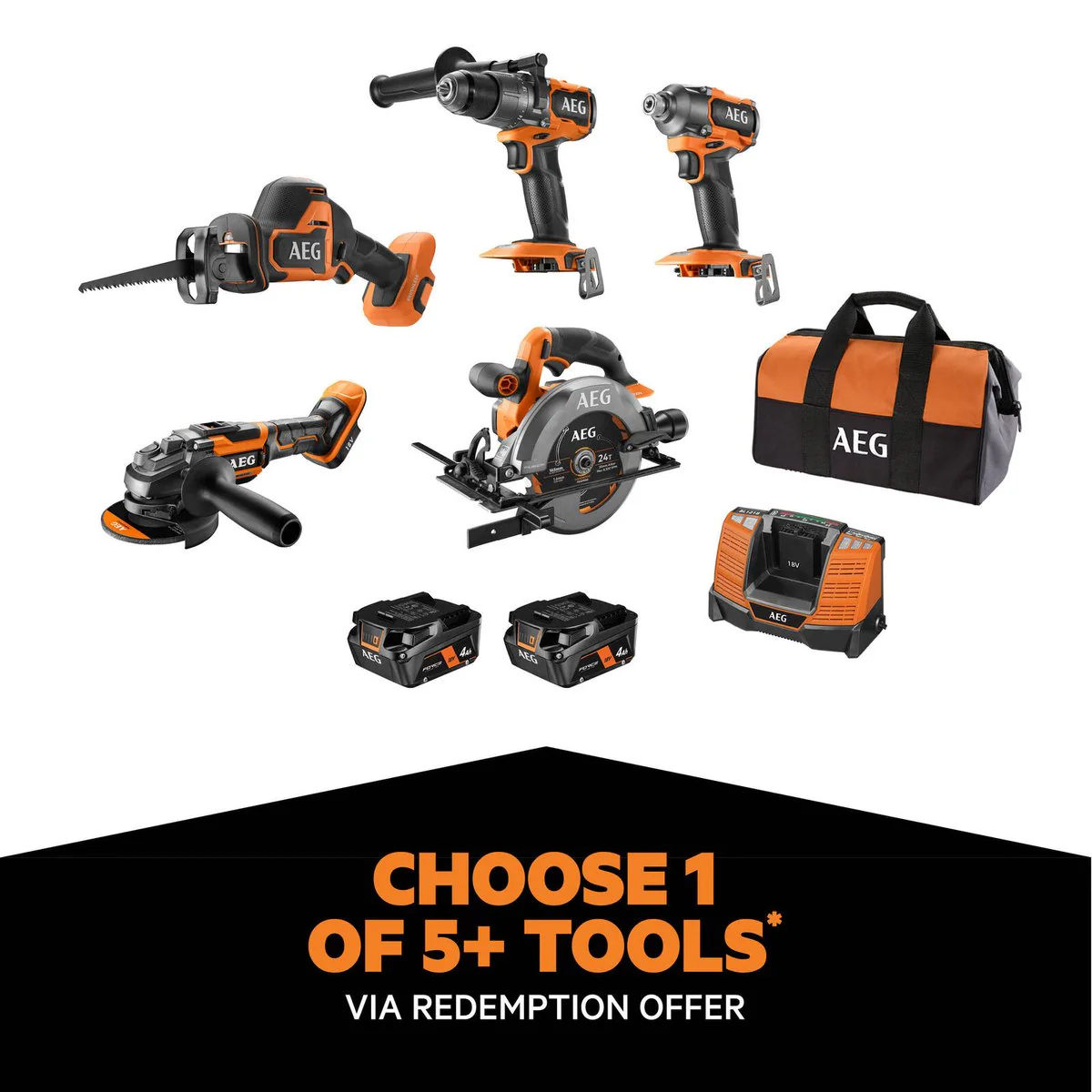 AEG 18V Fusion Brushless 5-Piece Kit - 4.0Ah - Includes Circular Saw, Impact Driver, Hammer Drill, Recip Saw, Grinder