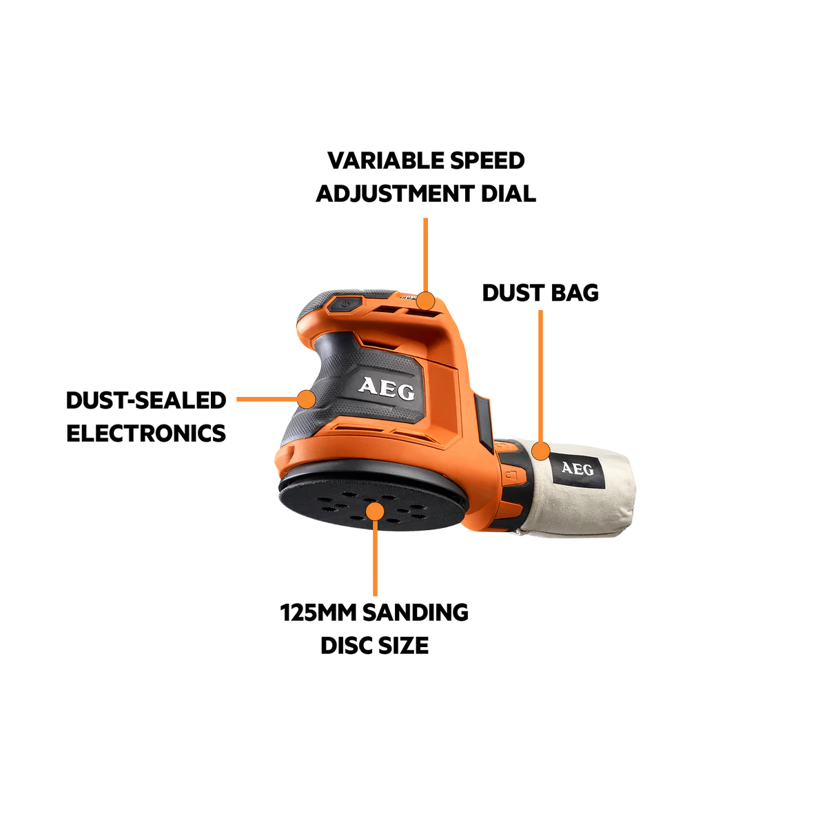 AEG 18V Random Orbital Sander - 125mm - Skin Only - Cordless - Dust Efficient - Image 2