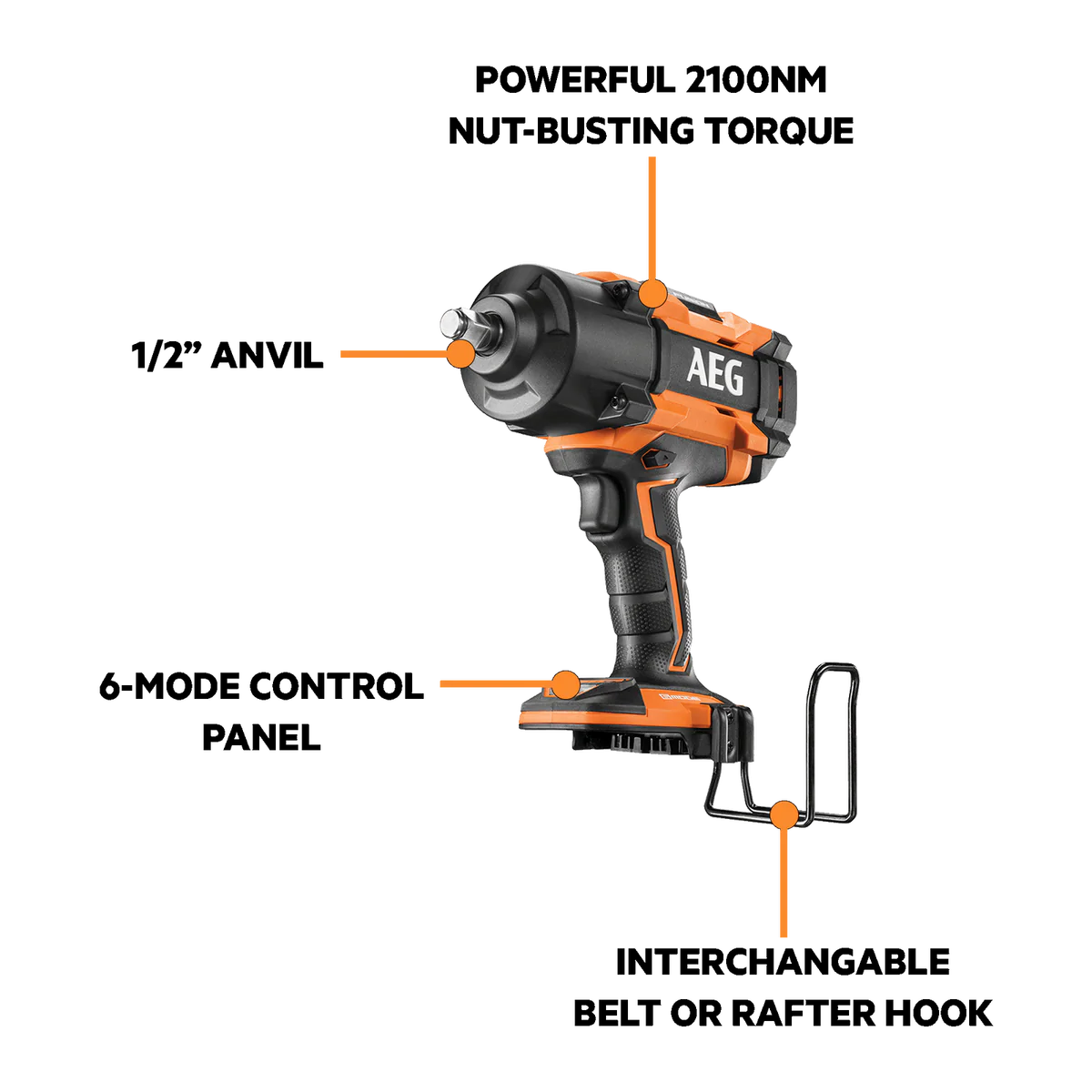 AEG High Torque Impact Wrench - 18V - Skin Only - 6-Mode Performance - Image 2