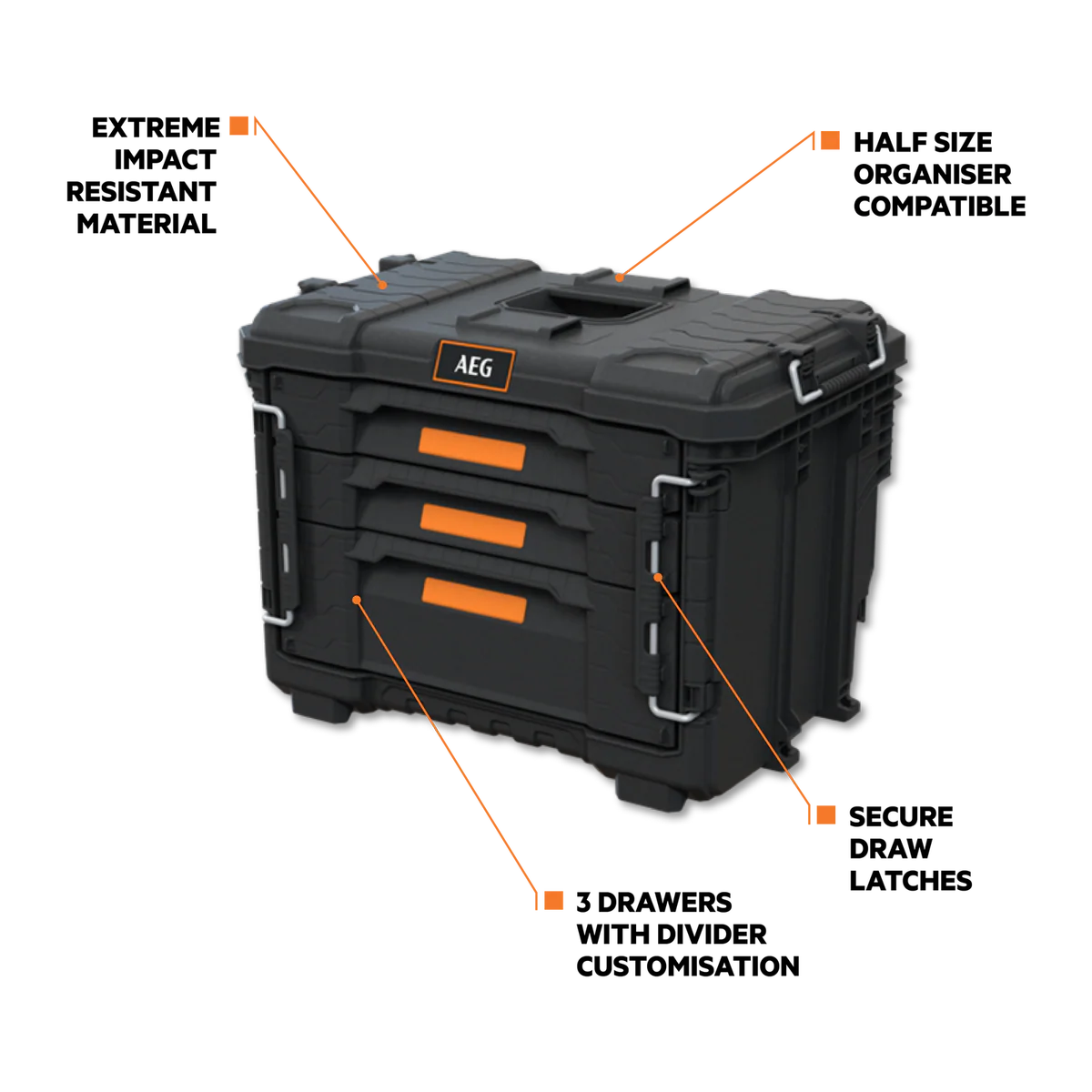 AEG Quickstack 2.0 3-Drawer Toolbox - 385mm x 411mm x 566mm - Durable Storage - Image 2