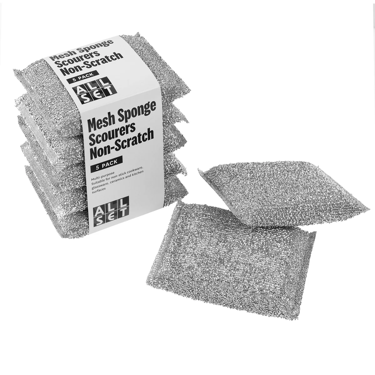 All Set Mesh Sponge Scourer 5 Pack - 180mm x 25mm x 120mm - Silver - Non-Scratch - Image 2
