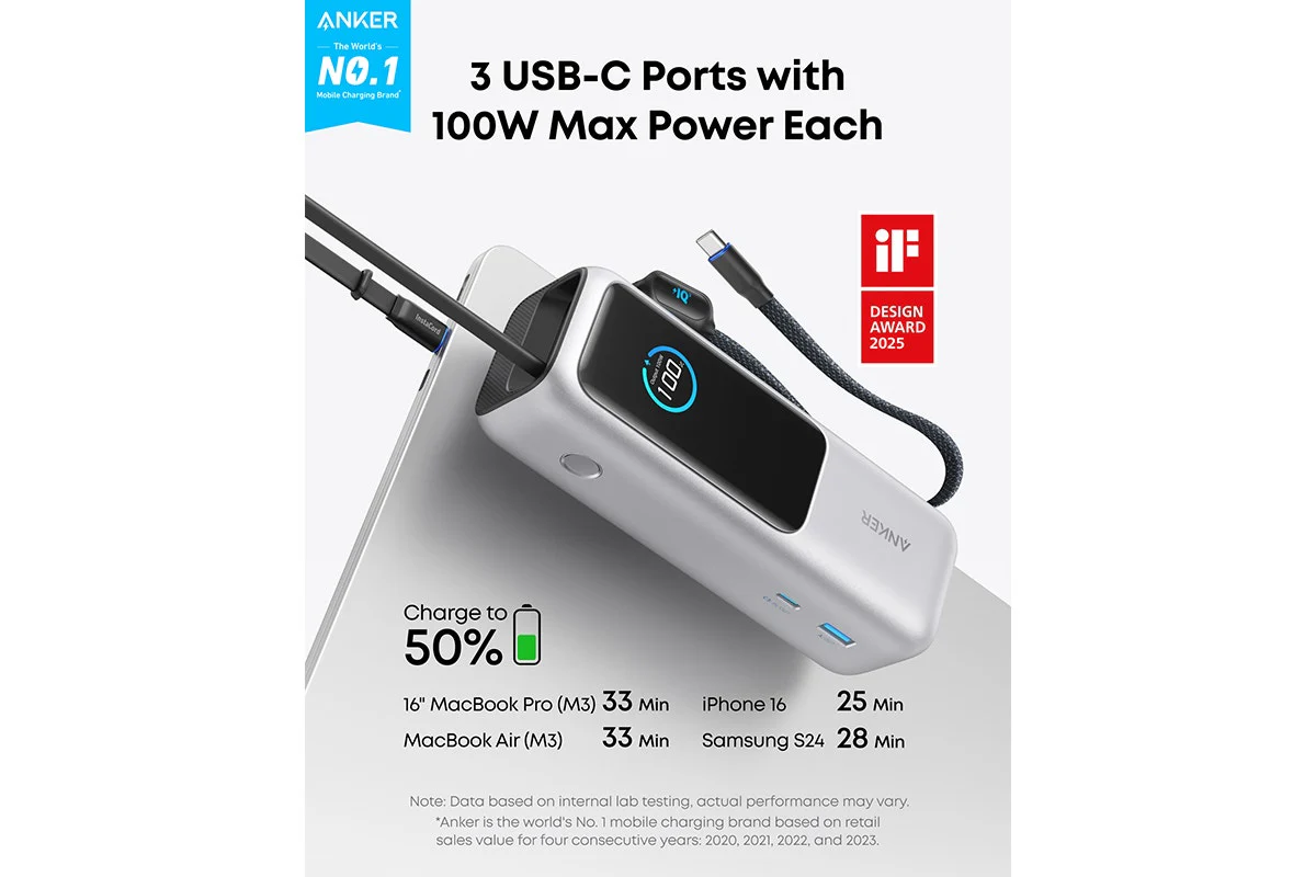 Anker 25K 165W Power Bank with Retractable Cables - Silver - Image 2