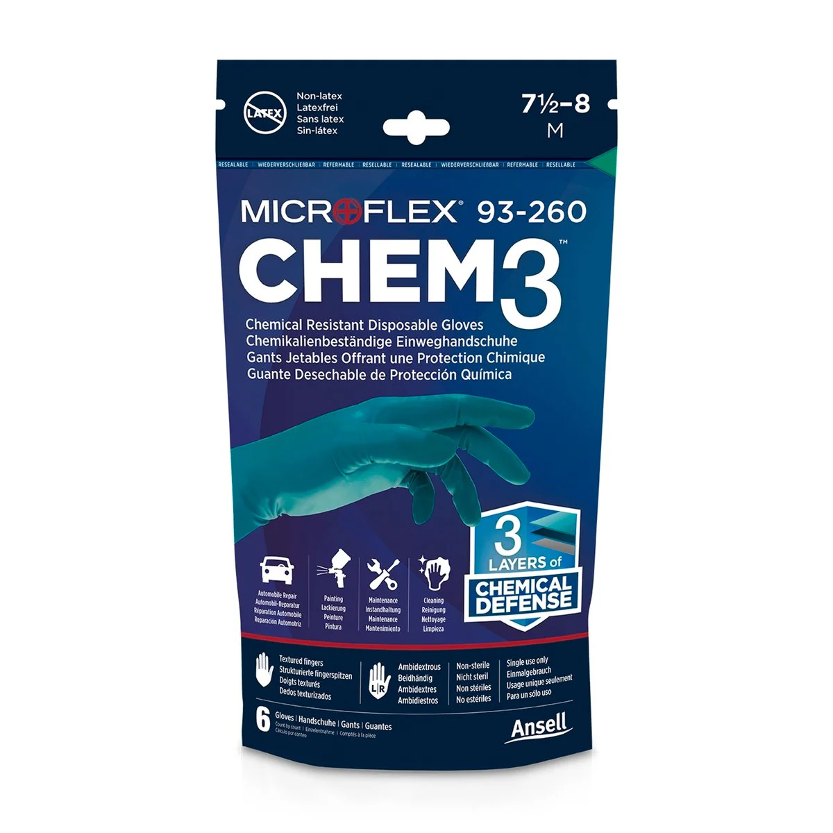 Ansell Microflex Chem3 Chemical Resistant Gloves - Medium - 3 Pairs - Green/Blue - 150mm x 265mm - Image 2