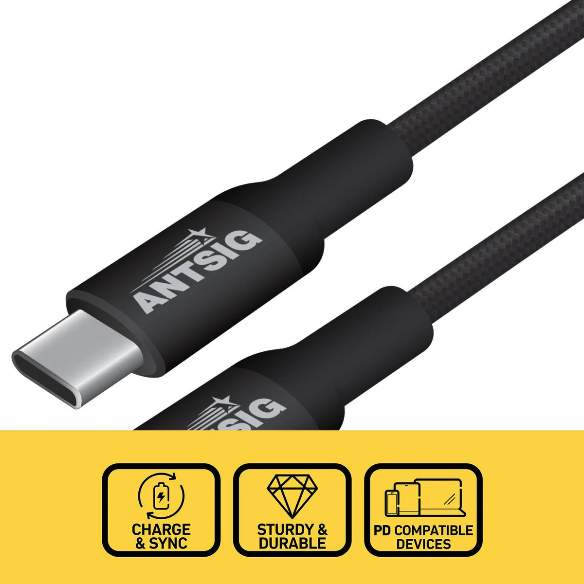 Antsig 1m 100W USB-C to USB-C Cable - Durable - Black - Fast Charging - Image 2