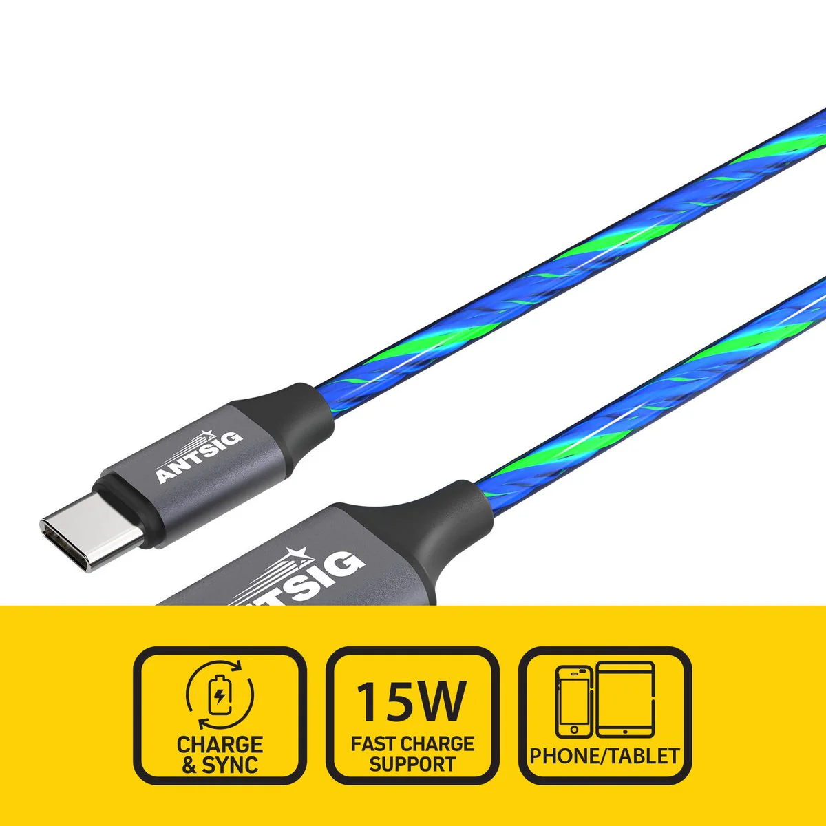 Antsig 1m USB A to USB C Light Cable - Flowing Light Effect - 1 Meter - Image 2