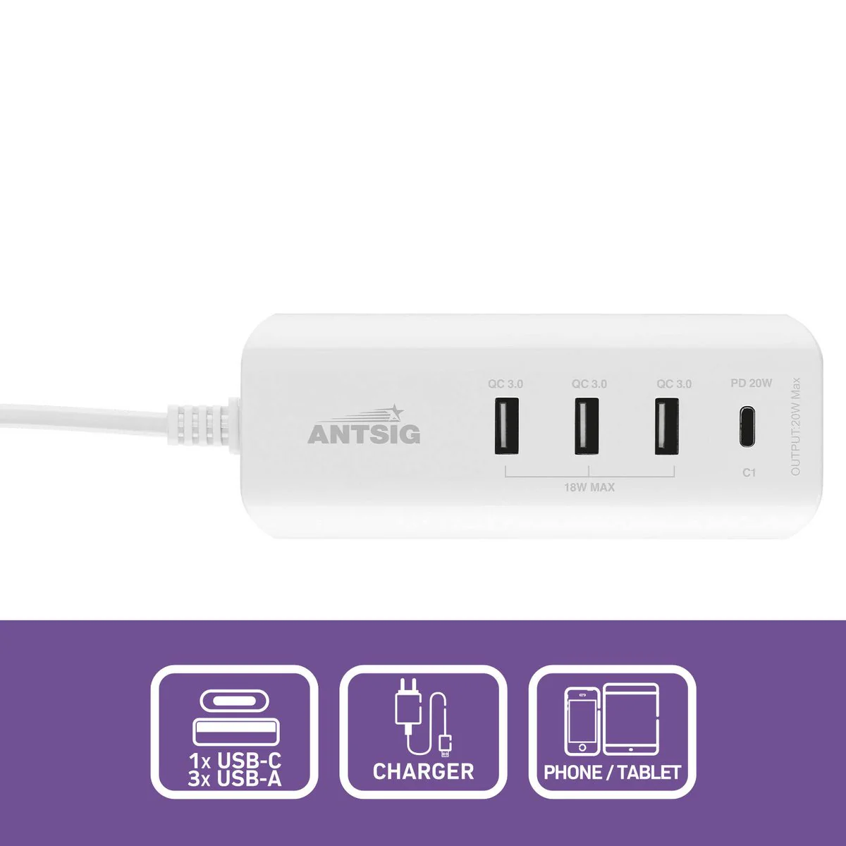Antsig 20W Compact USB Charger - 4 Ports - 0.9m AC Cable - Portable Charging - Image 2