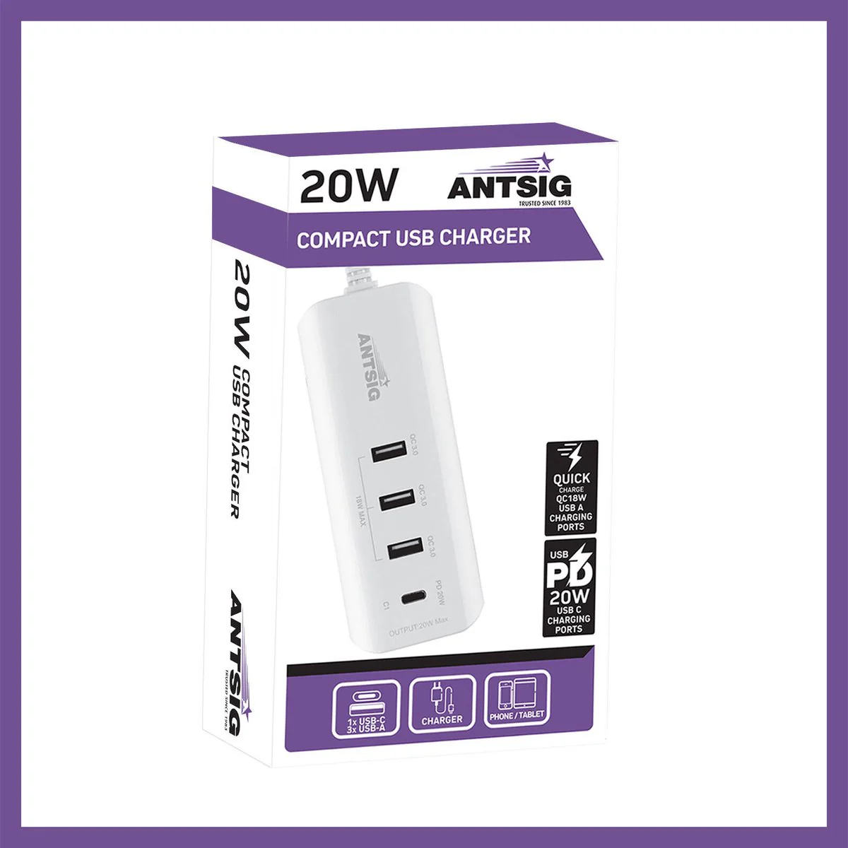 Antsig 20W Compact USB Charger - 4 Ports - 0.9m AC Cable - Portable Charging - Image 3