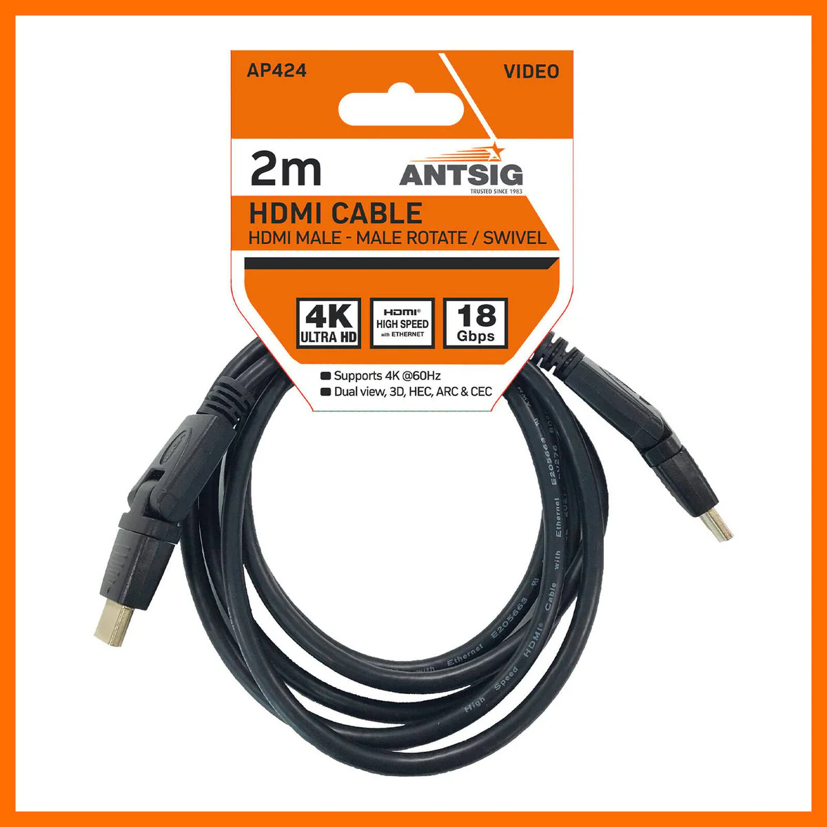 Antsig 2m HDMI Rotate Swivel Cable - Black - 4K Support - Easy Access - Image 3