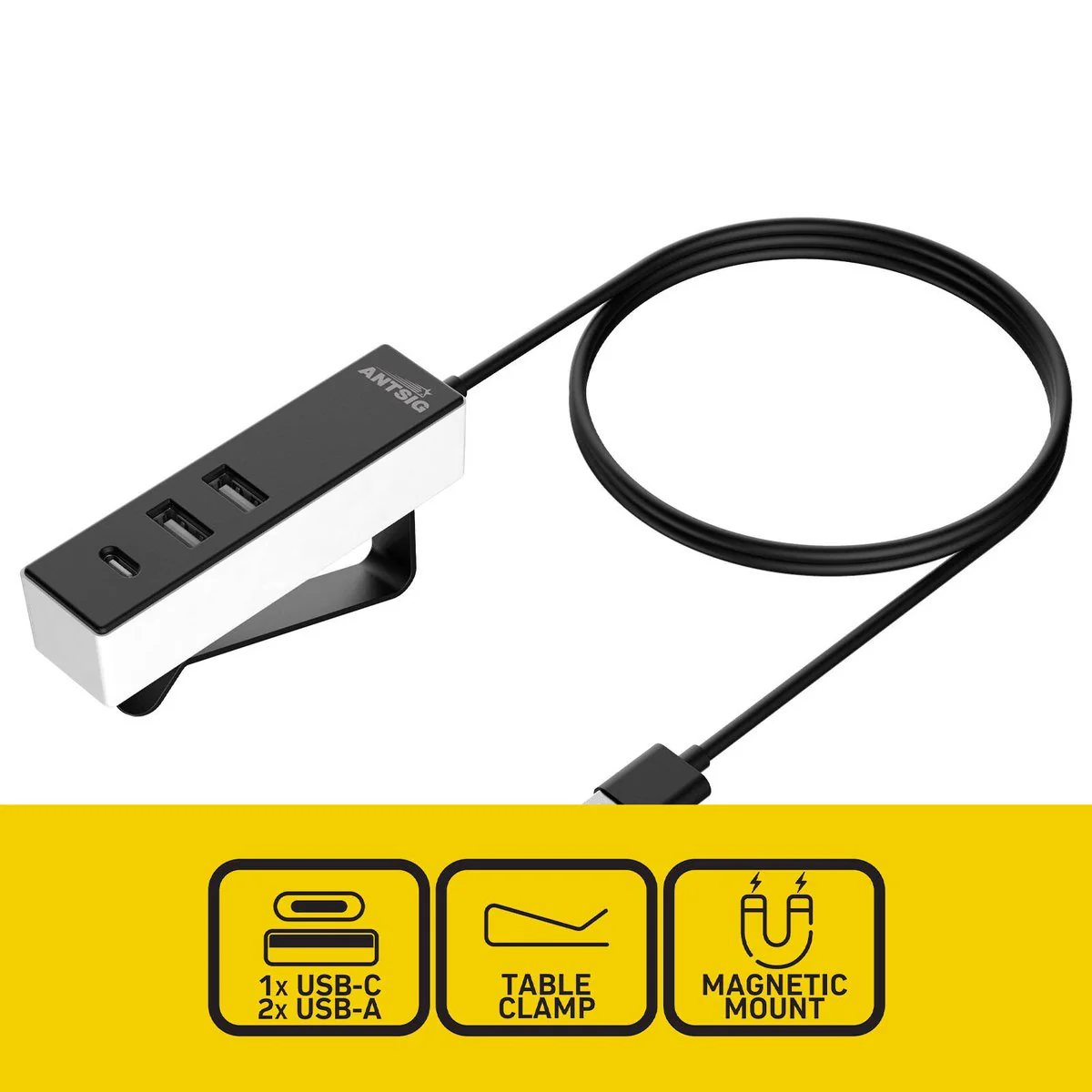 Antsig 3 Port USB Hub - 2x USB-A & 1x USB-C - 1.5m Cable - Black/White - Image 2