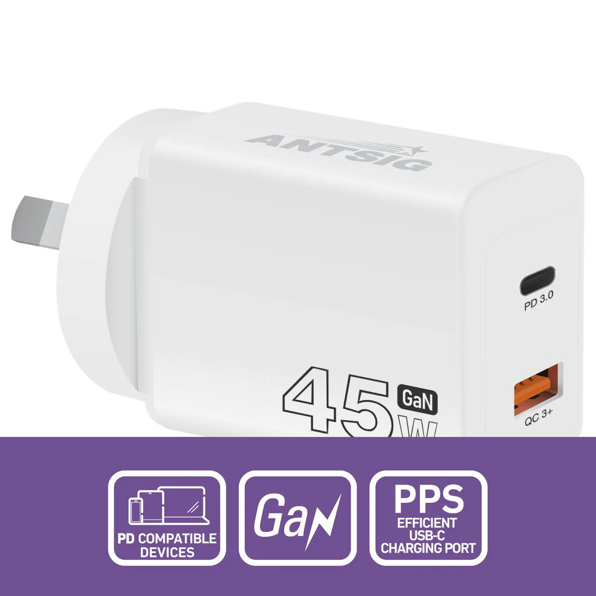 Antsig 45W 2 Port USB GaN Wall Charger - Compact - White - Fast Charging - Image 2