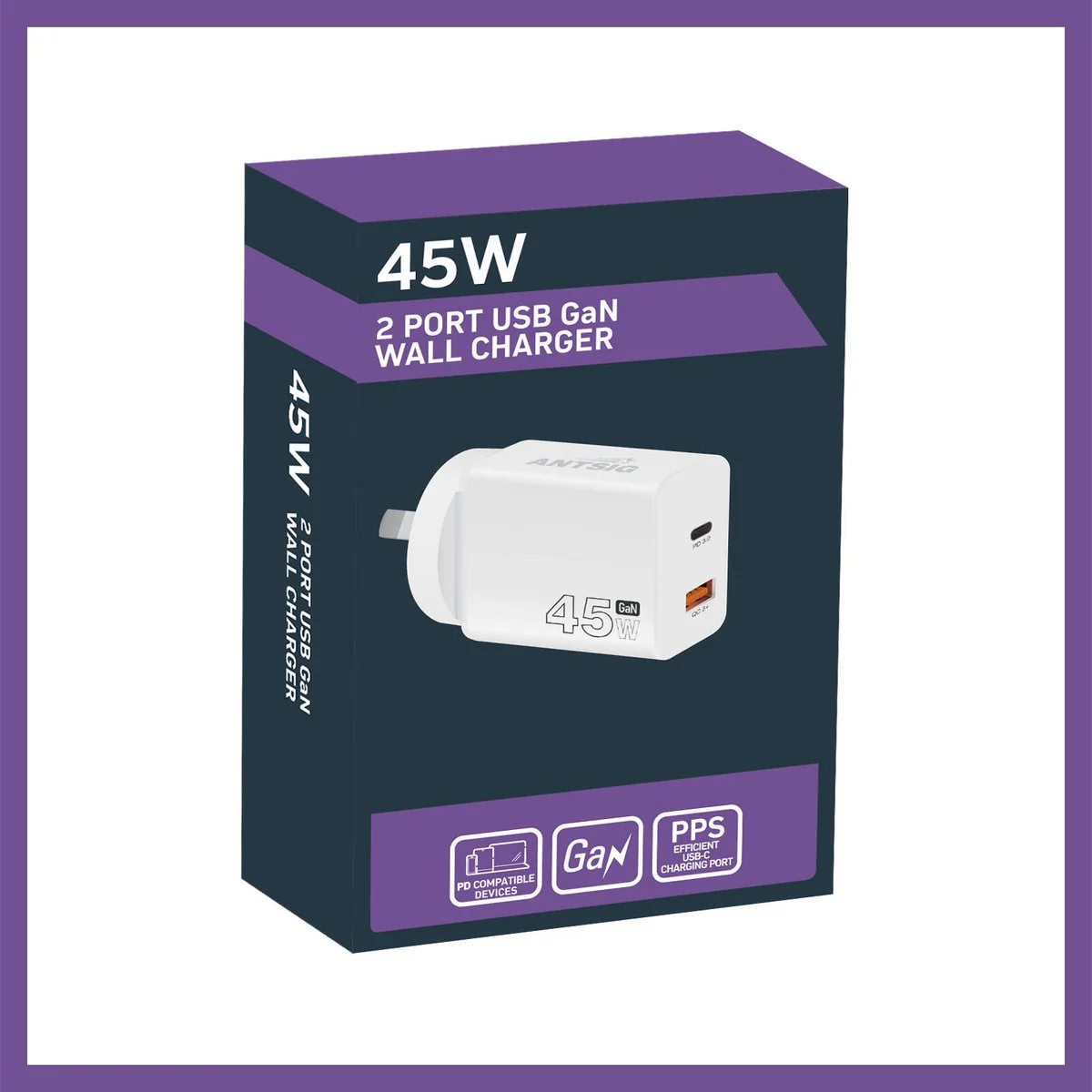 Antsig 45W 2 Port USB GaN Wall Charger - Compact - White - Fast Charging - Image 3