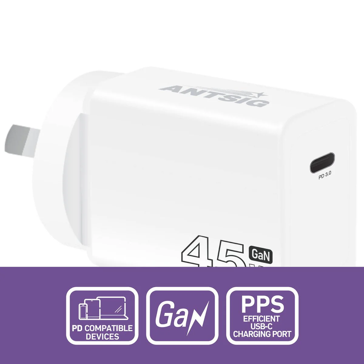 Antsig 45W USB-C GaN Wall Charger - Compact - Fast Charging - White - Image 2