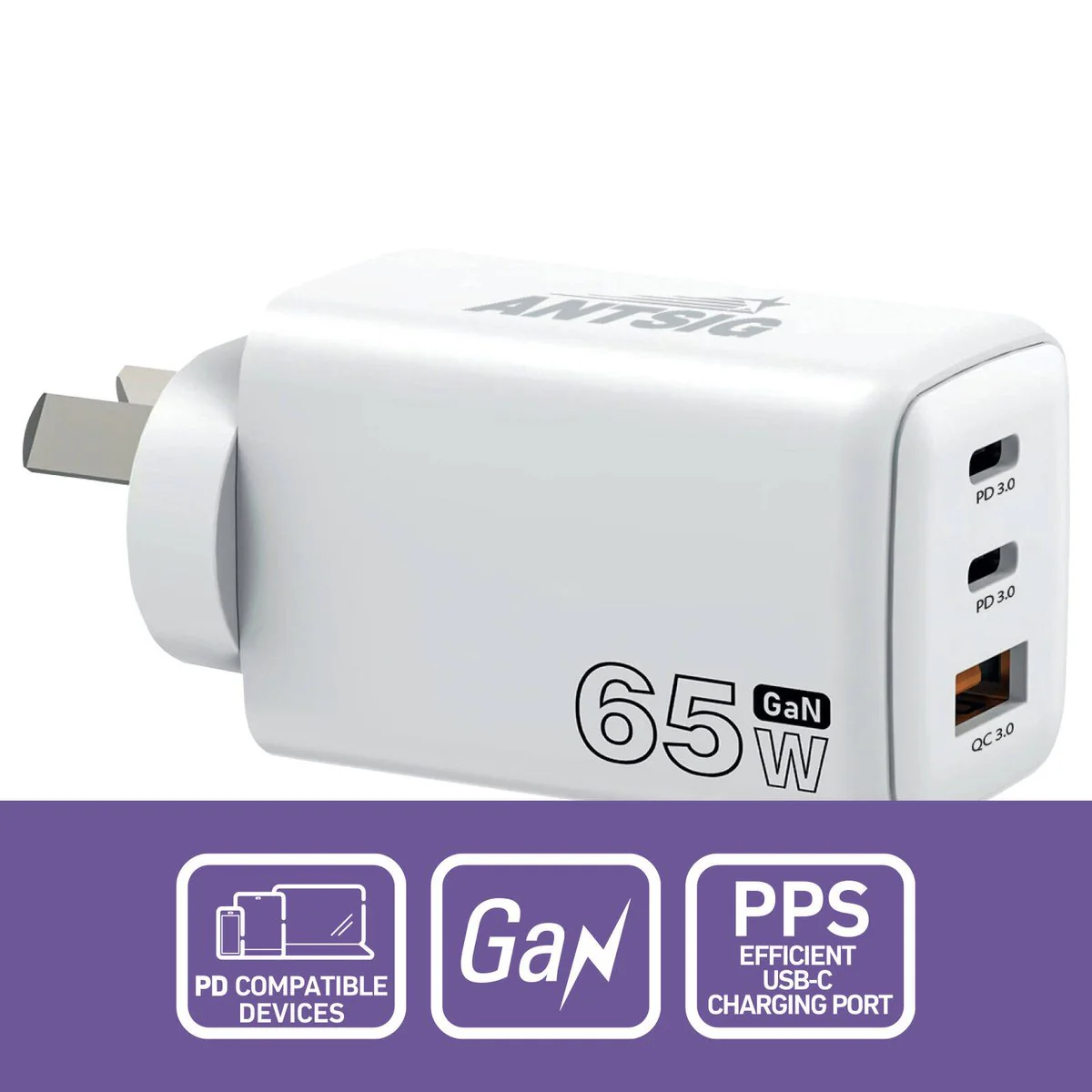 Antsig 65W Multi Port Wall Charger - 3 Ports - Compact - White - Image 2