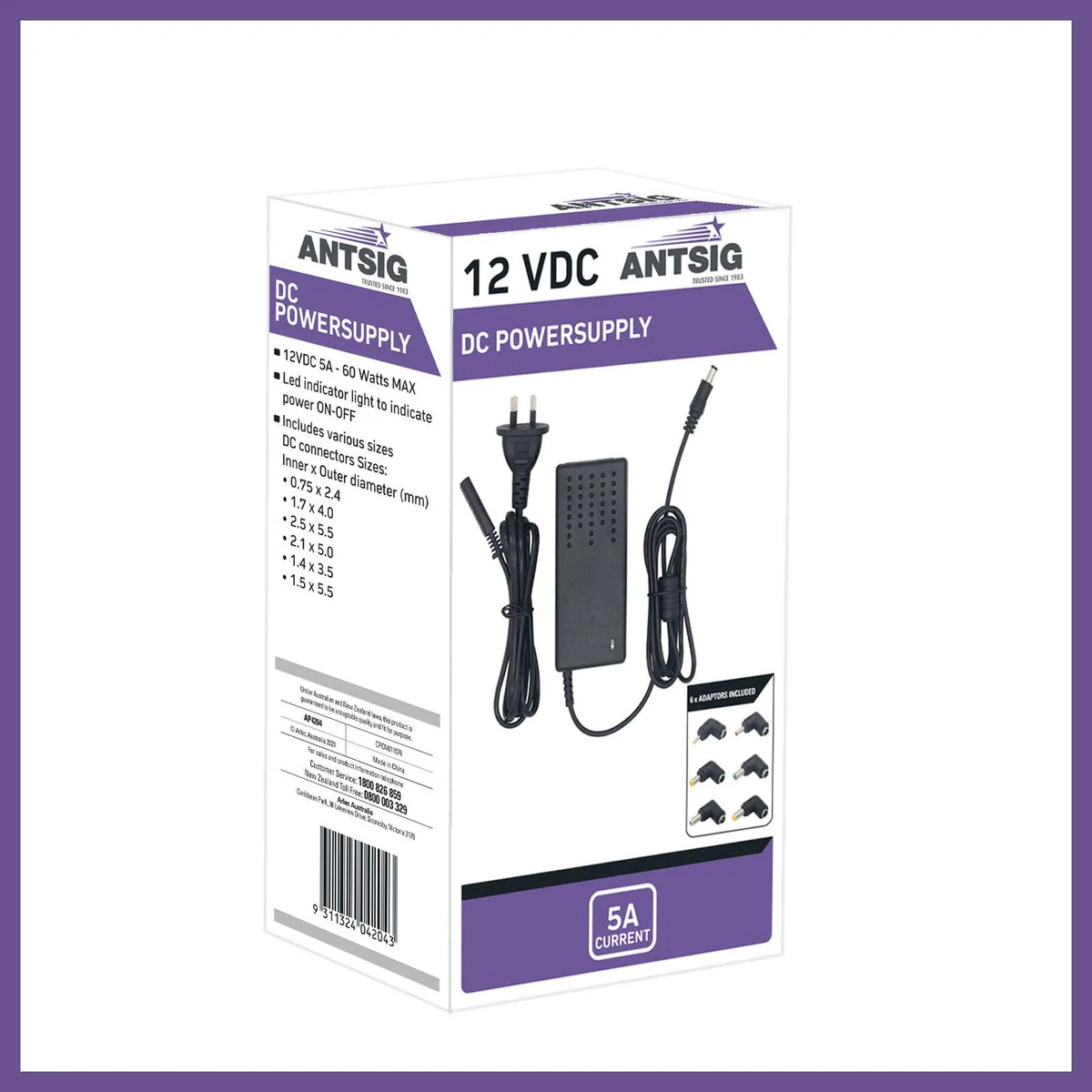 Antsig Power Supply 12V 5A - Versatile with Plug Adaptors - Multiple Connectors - Image 4
