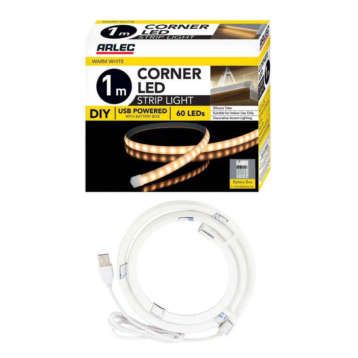 Arlec 1m Corner LED Strip Light - USB Powered - Warm White - Indoor Use - Image 2