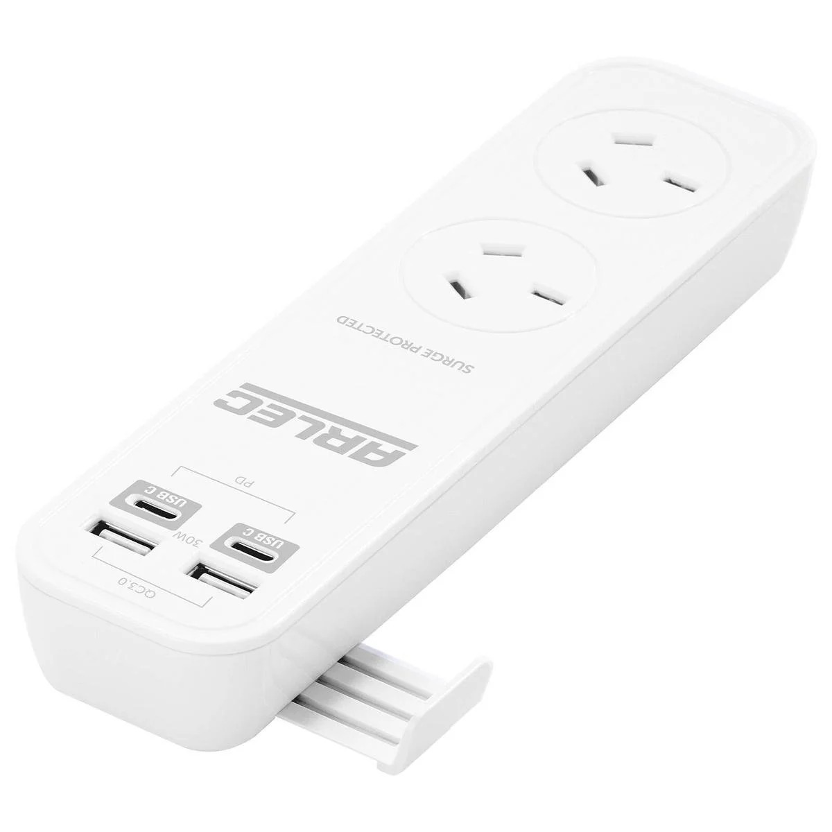 Arlec 2 Outlet Portable Powerboard - PD30W Rapid Charging USB - 55mm x 30mm x 205mm - White