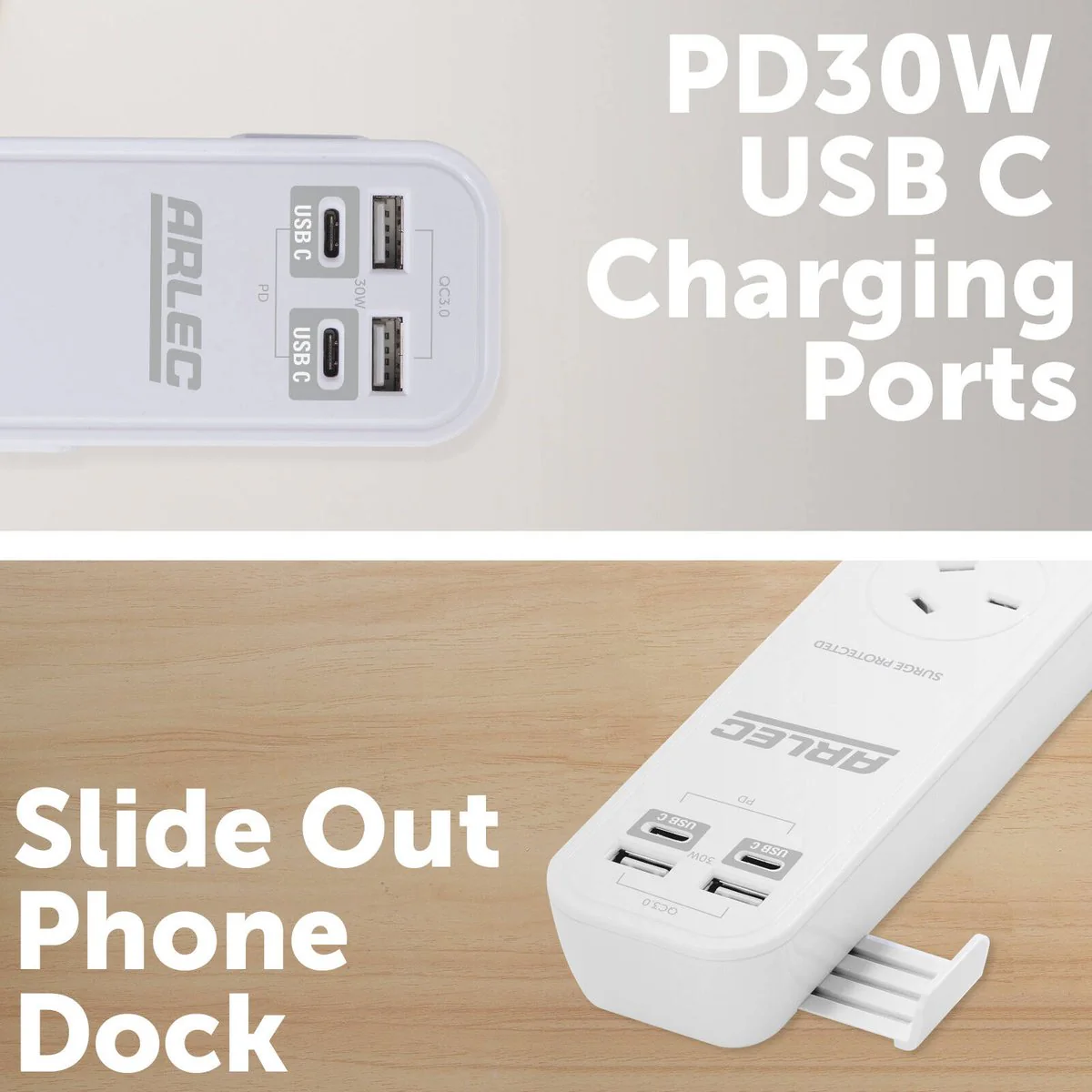 Arlec 2 Outlet Portable Powerboard - PD30W Rapid Charging USB - 55mm x 30mm x 205mm - White - Image 4
