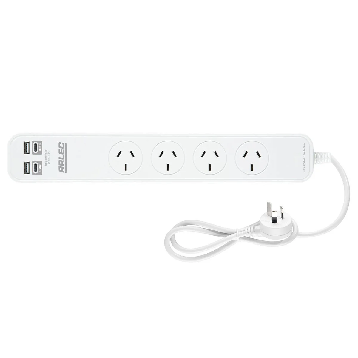 Arlec 4 Outlet Powerboard with USB 2A & 2C Charging Ports - 0.9m - White - Overload Protection