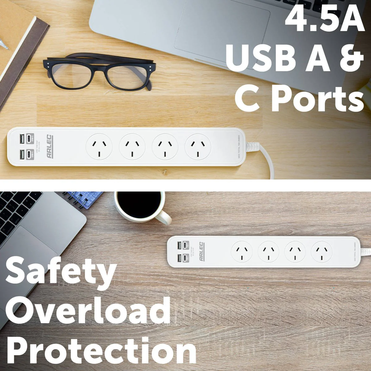 Arlec 4 Outlet Powerboard with USB 2A & 2C Charging Ports - 0.9m - White - Overload Protection - Image 2