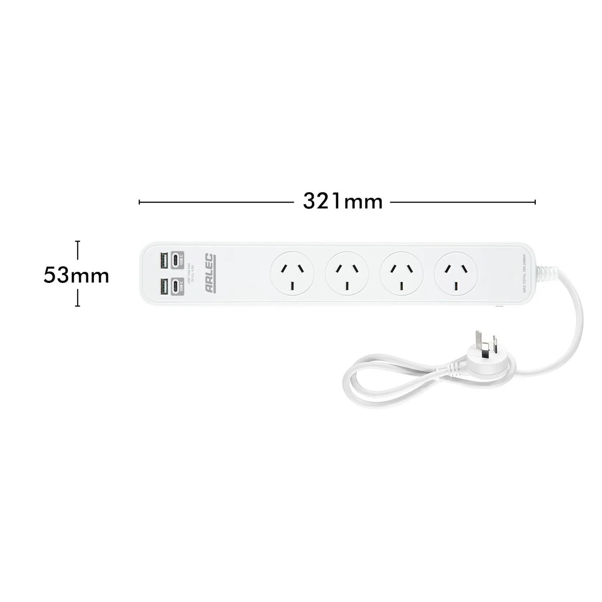 Arlec 4 Outlet Powerboard with USB 2A & 2C Charging Ports - 0.9m - White - Overload Protection - Image 4