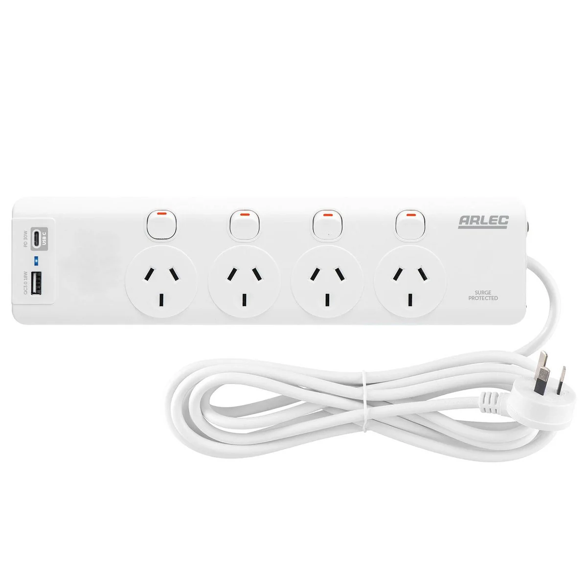 Arlec 4 Outlet Surge Powerboard 1.8m - PD30W USB A & C - White