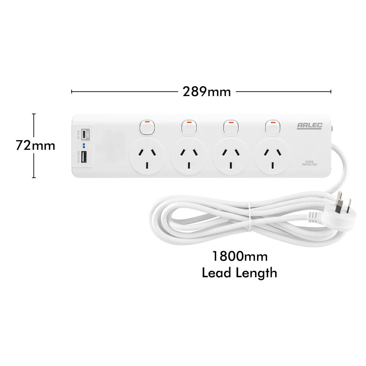 Arlec 4 Outlet Surge Powerboard 1.8m - PD30W USB A & C - White - Image 2