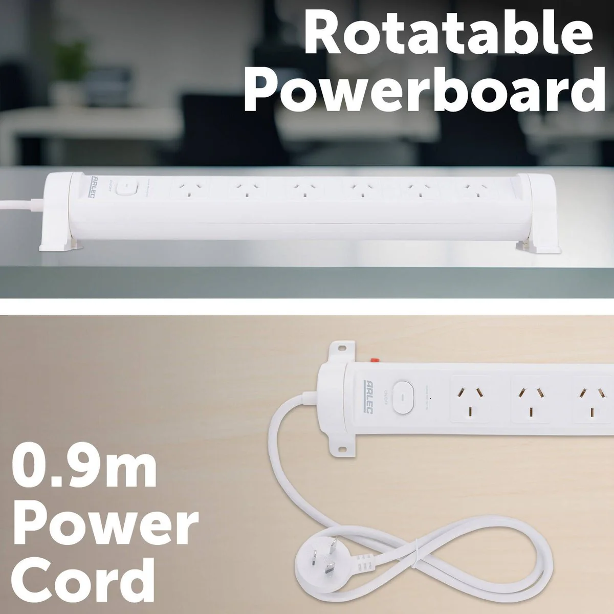 Arlec 6 Outlet Rotatable Powerboard 90mm x 410mm - Surge Protection - White - Image 3