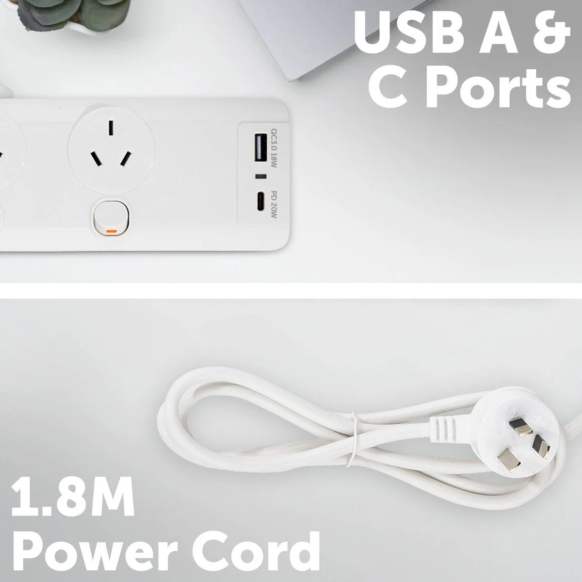 Arlec 6 Outlet Surge Protected Powerboard 1.8m - White - PD20W USB Charging - Image 2