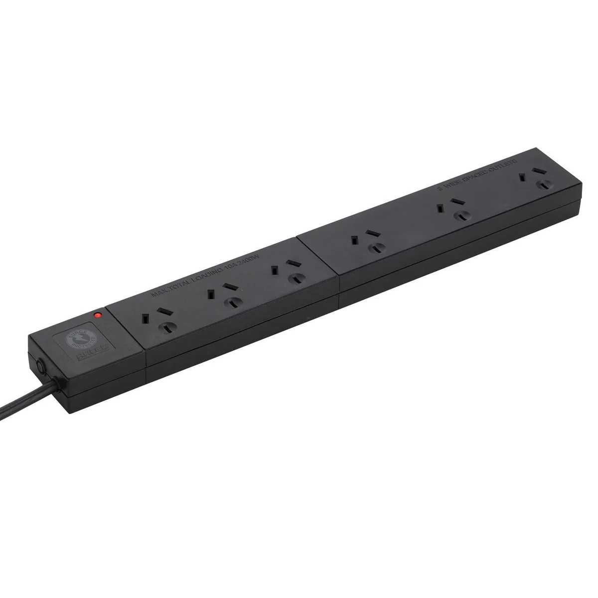 Arlec 6 Outlet Surge Protected Powerboard 380mm - Black - Wide Spaced