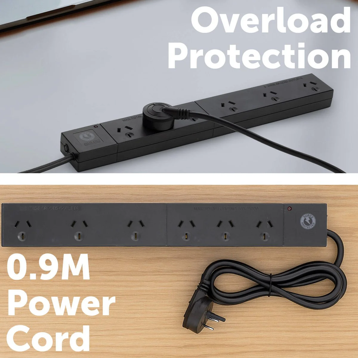 Arlec 6 Outlet Surge Protected Powerboard 380mm - Black - Wide Spaced - Image 2