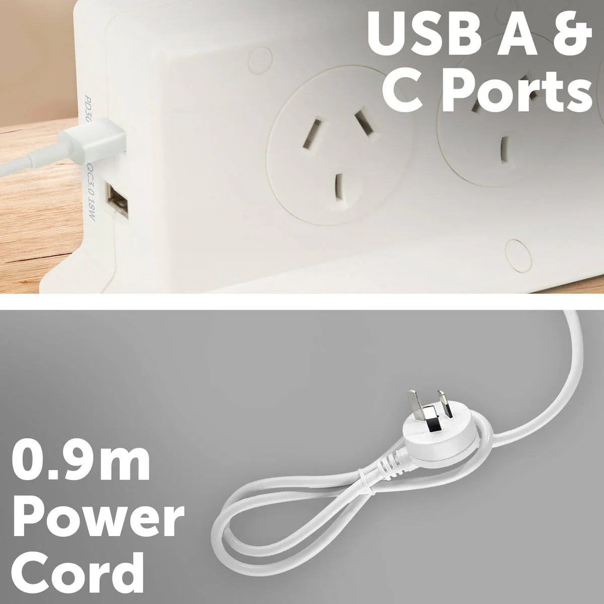 Arlec 6 Outlet Vertical Powerboard 65mm x 205mm - PD30W USB A&C Rapid Charging - Image 2