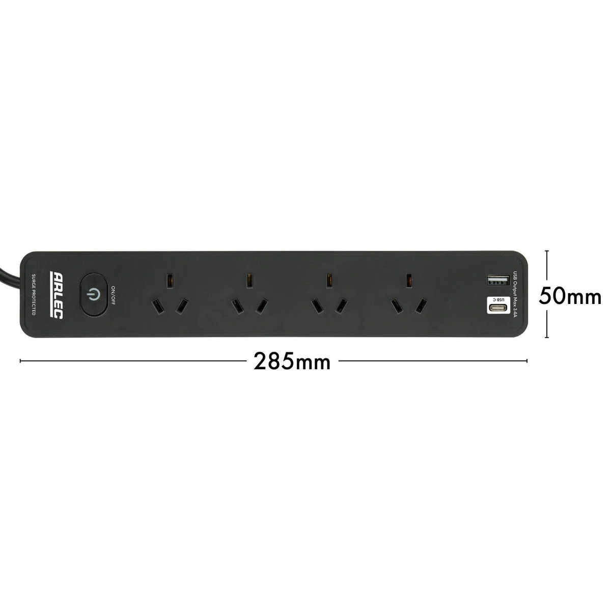 Arlec Black 4 Outlet Surge Protected Powerboard 285mm - USB A&C Charger - Image 4