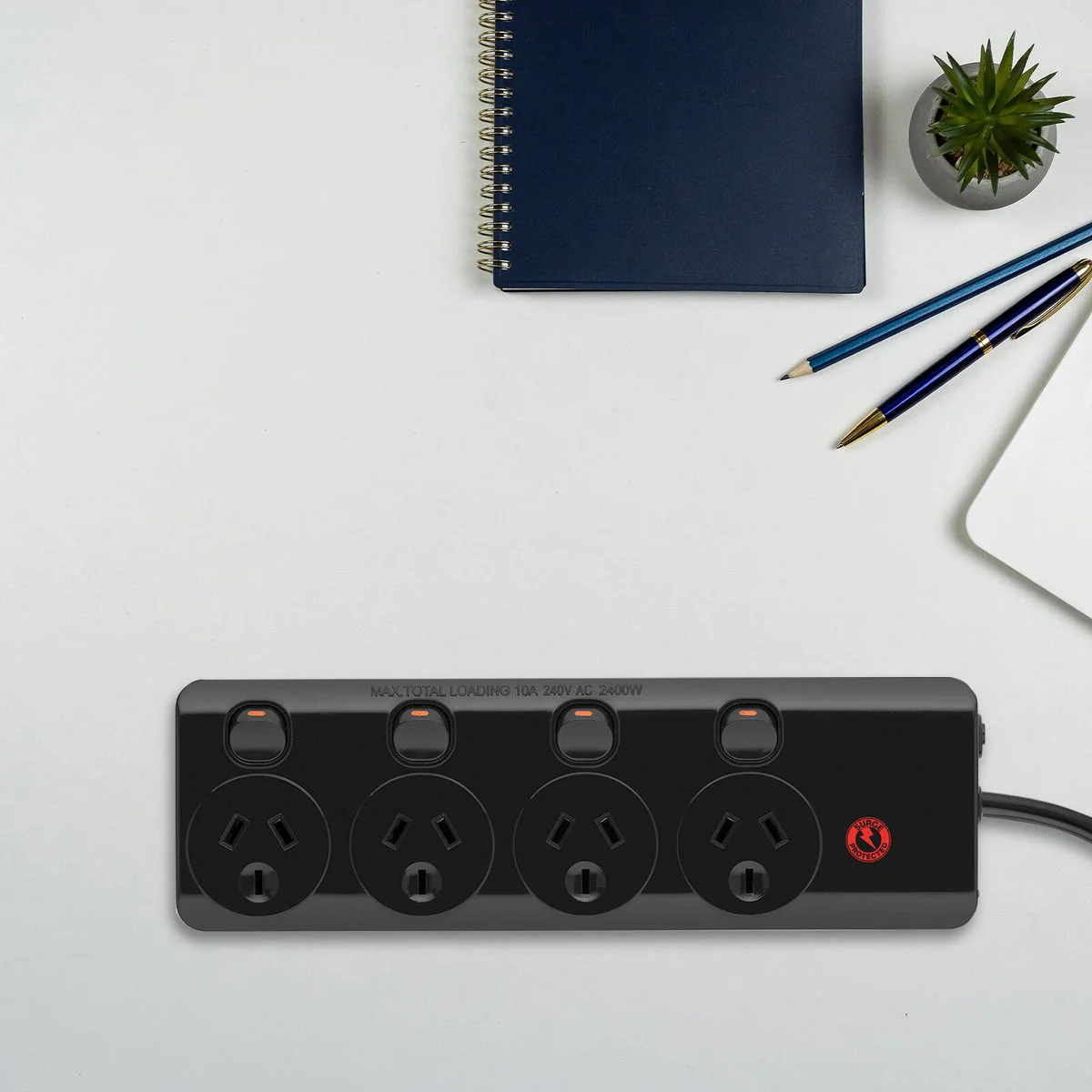 Arlec Black 4 Outlet Surge Protected Powerboard - 3m Lead - 350 Joule Protection - Image 4