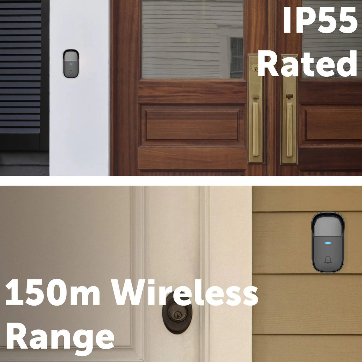 Arlec Plug in Door Chime - 150m Wireless Kinetic Push Button - Black - Battery-Free - Weatherproof - Image 2