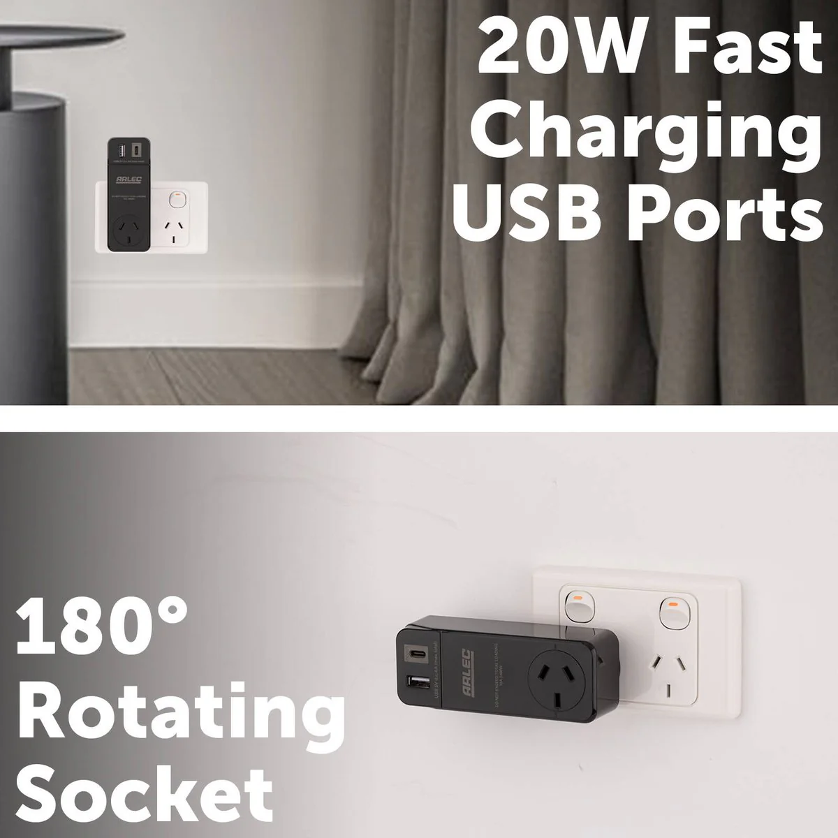 Arlec Power Adaptor PD20W USB - 180° Rotating Socket - Black - Compact Design - Image 5