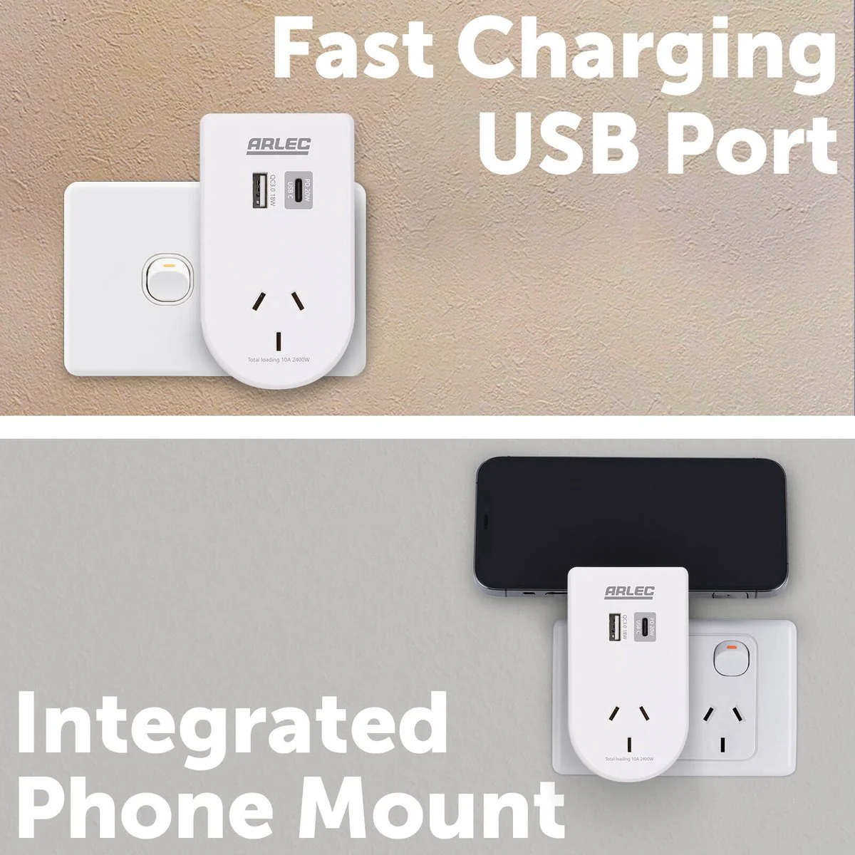 Arlec Power Adaptor with Integrated Phone Mount - Dual USB PD20W - Matt White - 55mm x 100mm x 70mm - Image 4